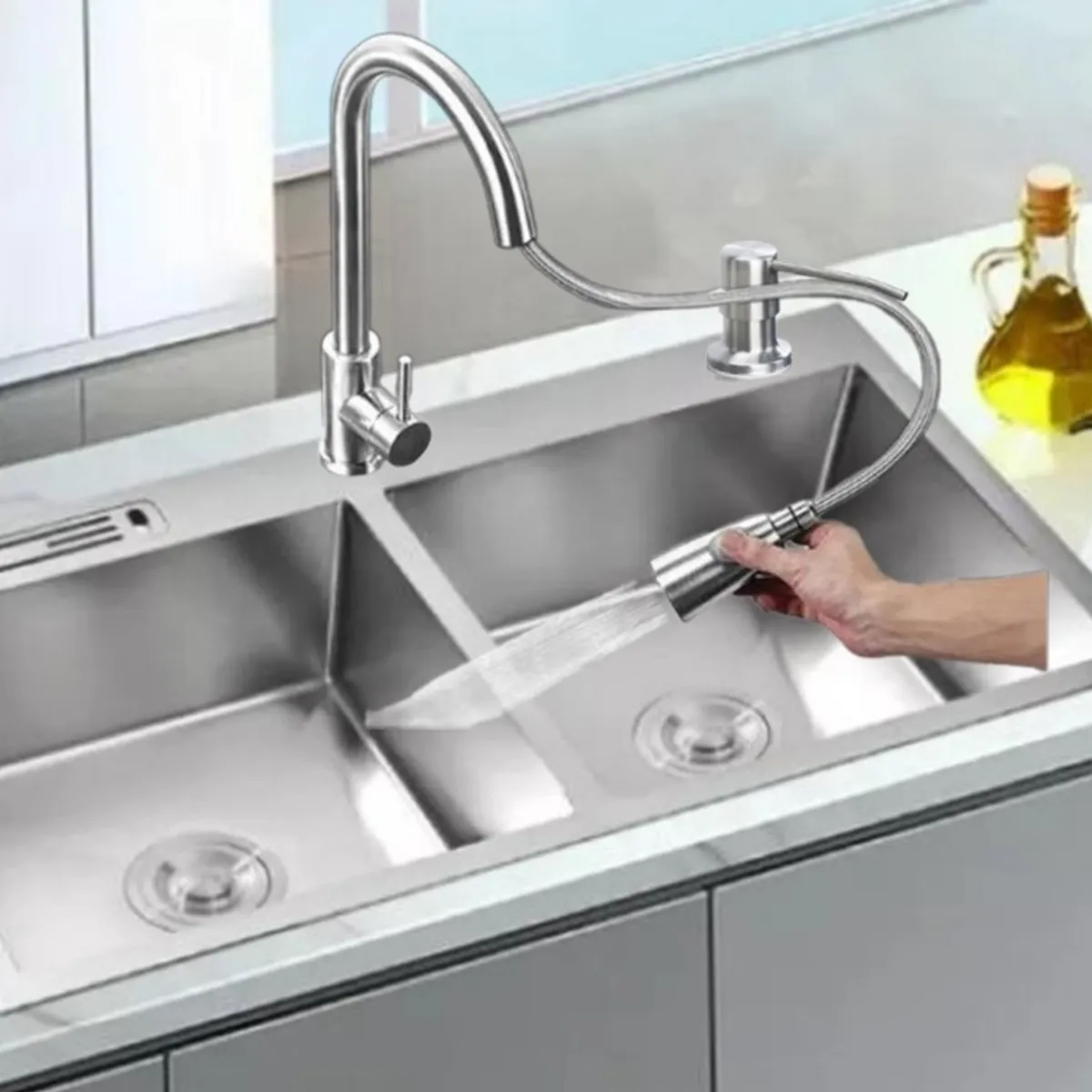 IMPORTADO MC - COMBO LAVADERO DE COCINA CON 2 POZAS ACERO + MEZCLADORA EXTRAIBLE