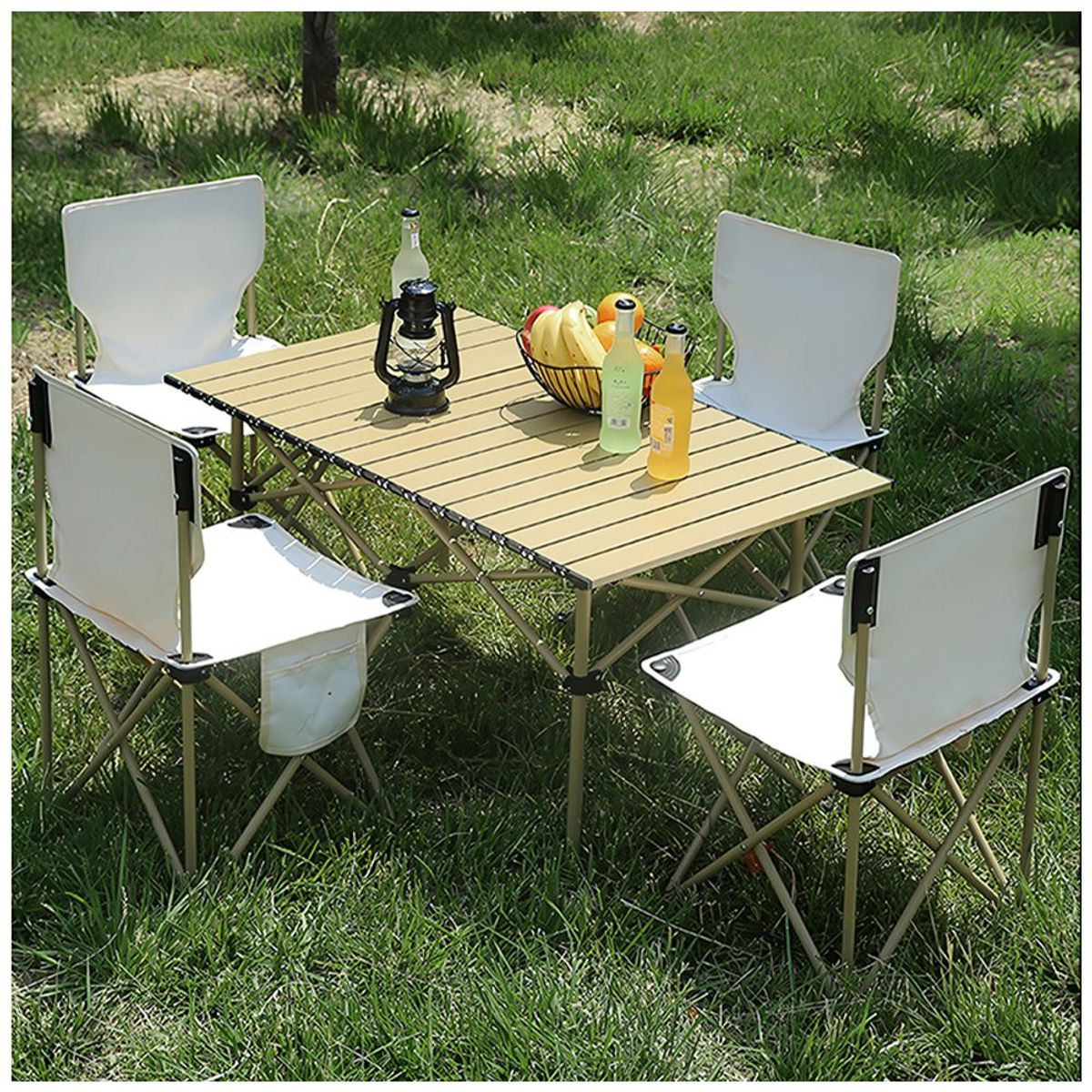 KELLER - Mesas + 4 Sillas Plegables de Camping Beige LN0