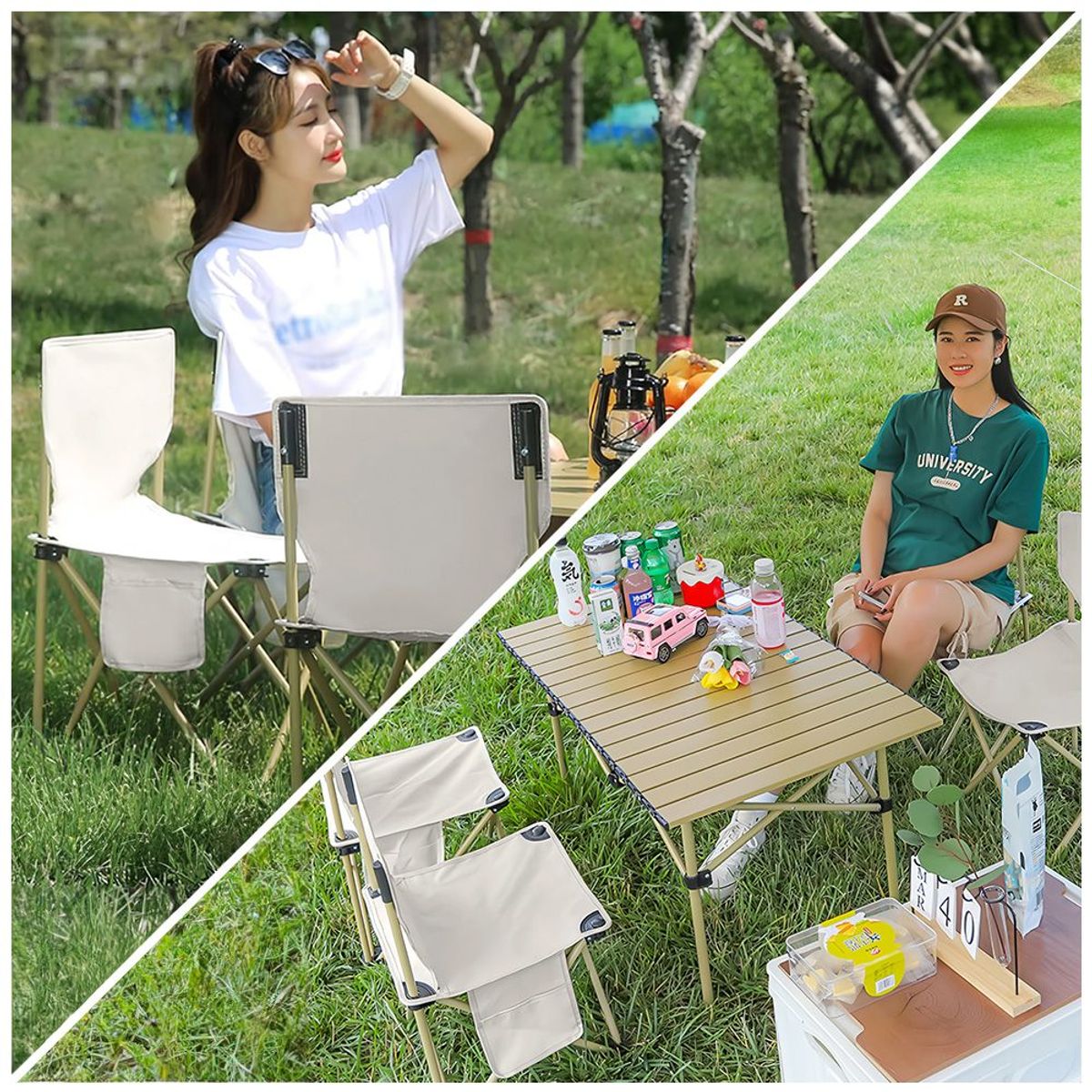 KELLER - Mesas + 4 Sillas Plegables de Camping Beige LN0