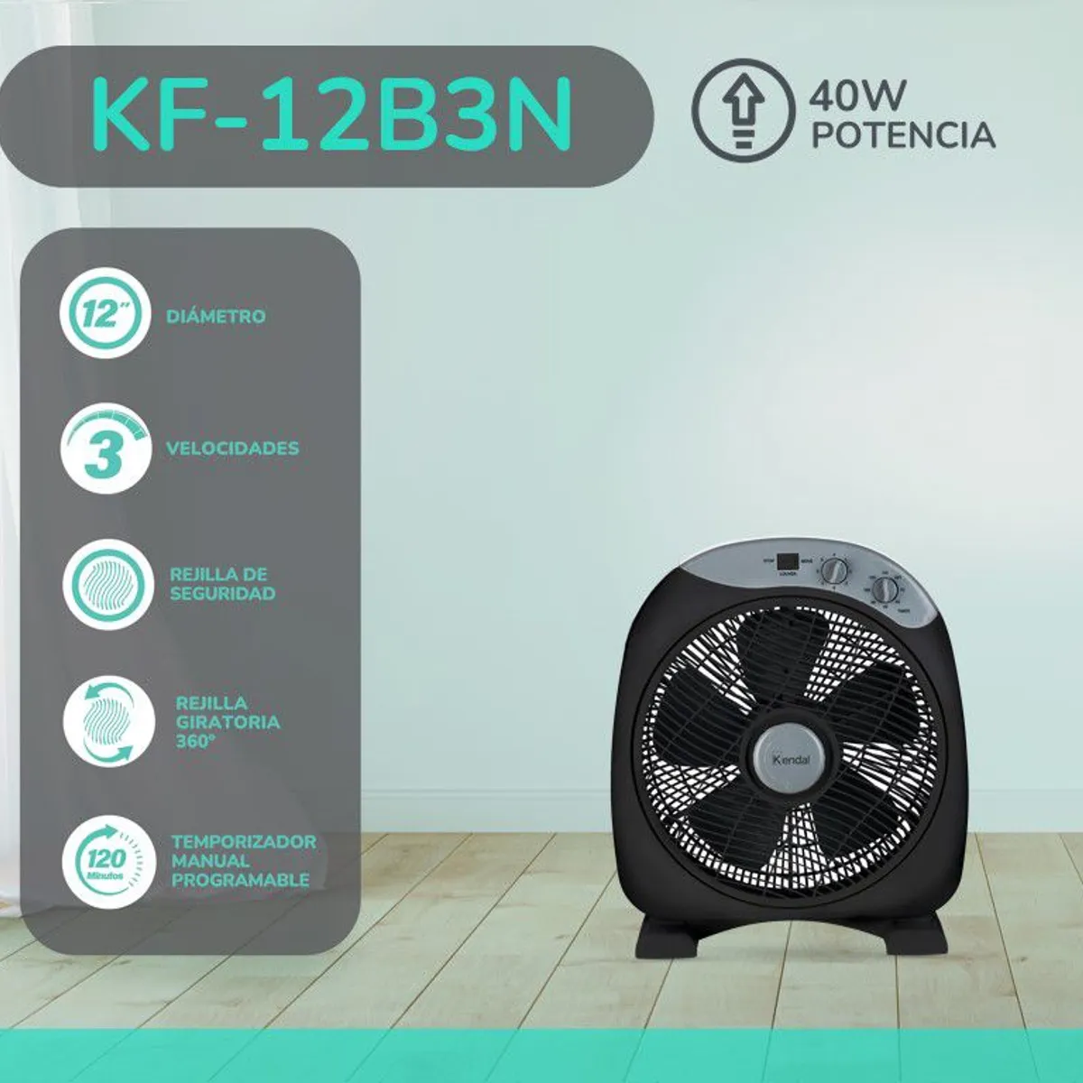 KENDAL - Ventilador Sobremesa BOX 12 Pulgadas KF-12B3 Negro.