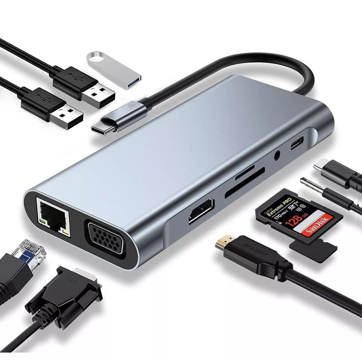 OEM - Adaptador Hub 10 en 1 Tipo C 4k HDMI VGA Gigabit Multipuertos PD 100W