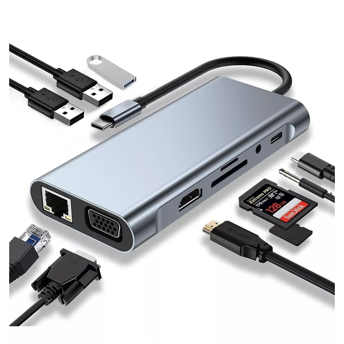 OEM - Adaptador Hub 10 en 1 Tipo C 4k HDMI VGA Gigabit Multipuertos PD 100W