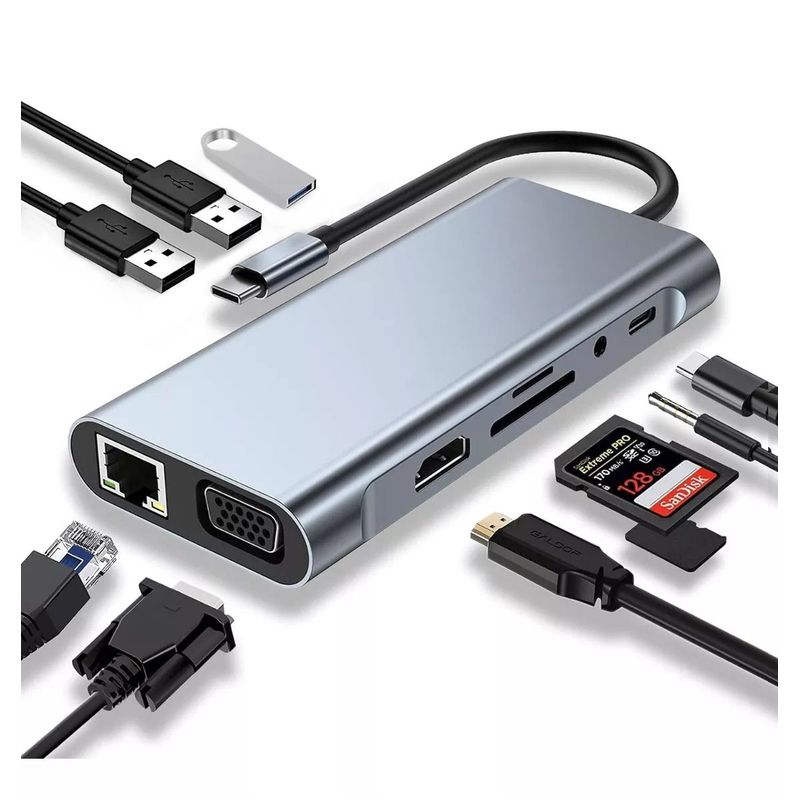 OEM - Adaptador Hub 10 en 1 Tipo C 4k HDMI VGA Gigabit Multipuertos PD 100W