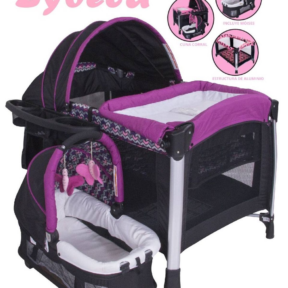 EBABY - Cuna corral Con Cambiador Y Moisés Morado Zybela 721