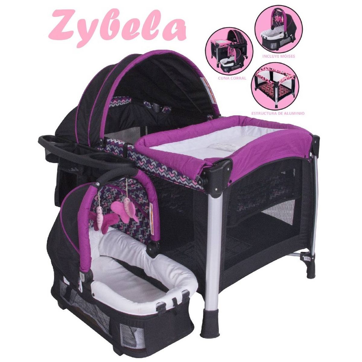 EBABY - Cuna corral Con Cambiador Y Moisés Morado Zybela 721