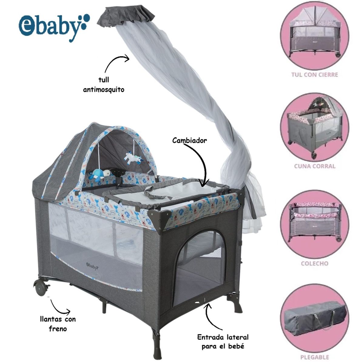 EBABY - Cuna Corral Mecedora Dacora 750-1 Con Cambiador Azul Light