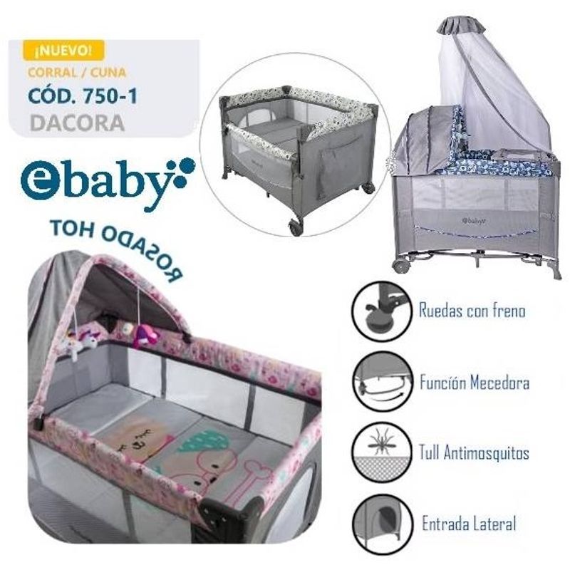 EBABY - Cuna Corral Mecedora Dacora 750-1 Con Cambiador Rosado