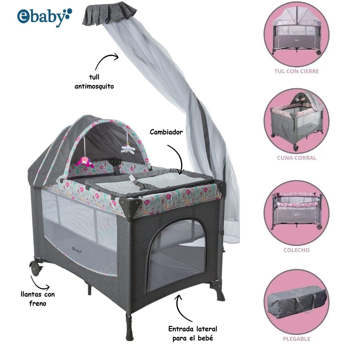 EBABY - Cuna Corral Mecedora Dacora 750-1 Con Cambiador Rosado Light