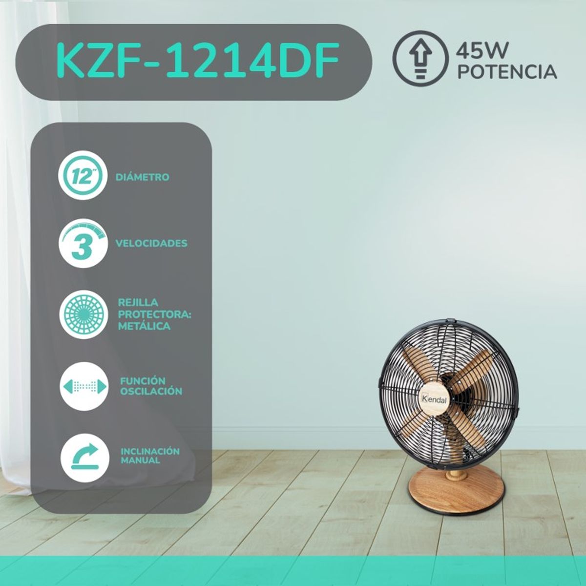 KENDAL - Ventilador Sobremesa 12 Pulgadas KZF-1214DF Madera EXCLUSIVO.