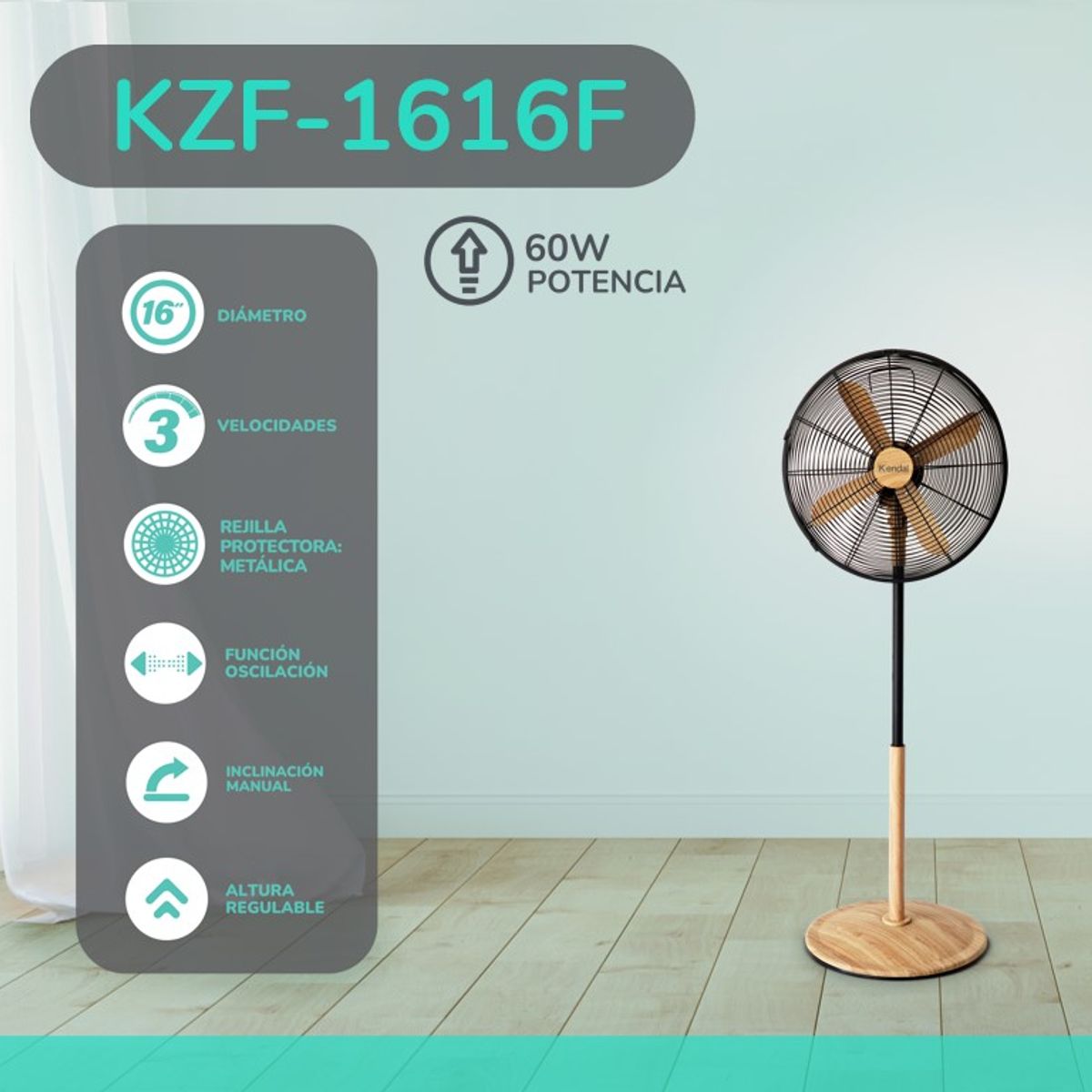 KENDAL - Ventilador Pedestal 16 Pulgadas KZF-1616F Madera EXCLUSIVO.