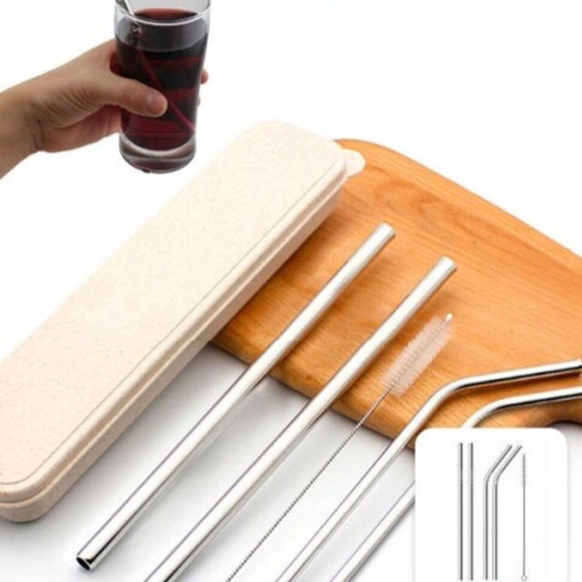 GENERICO - Cañitas de Metal con Estuche de Bambú 5 Pzs