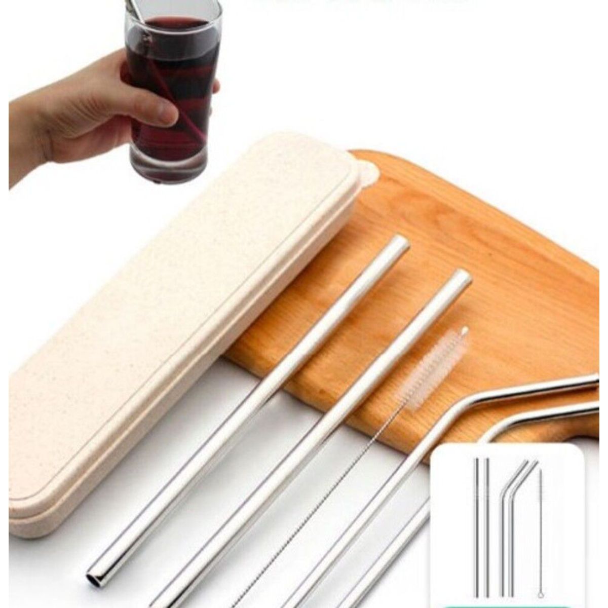 GENERICO - Cañitas de Metal con Estuche de Bambú 5 Pzs