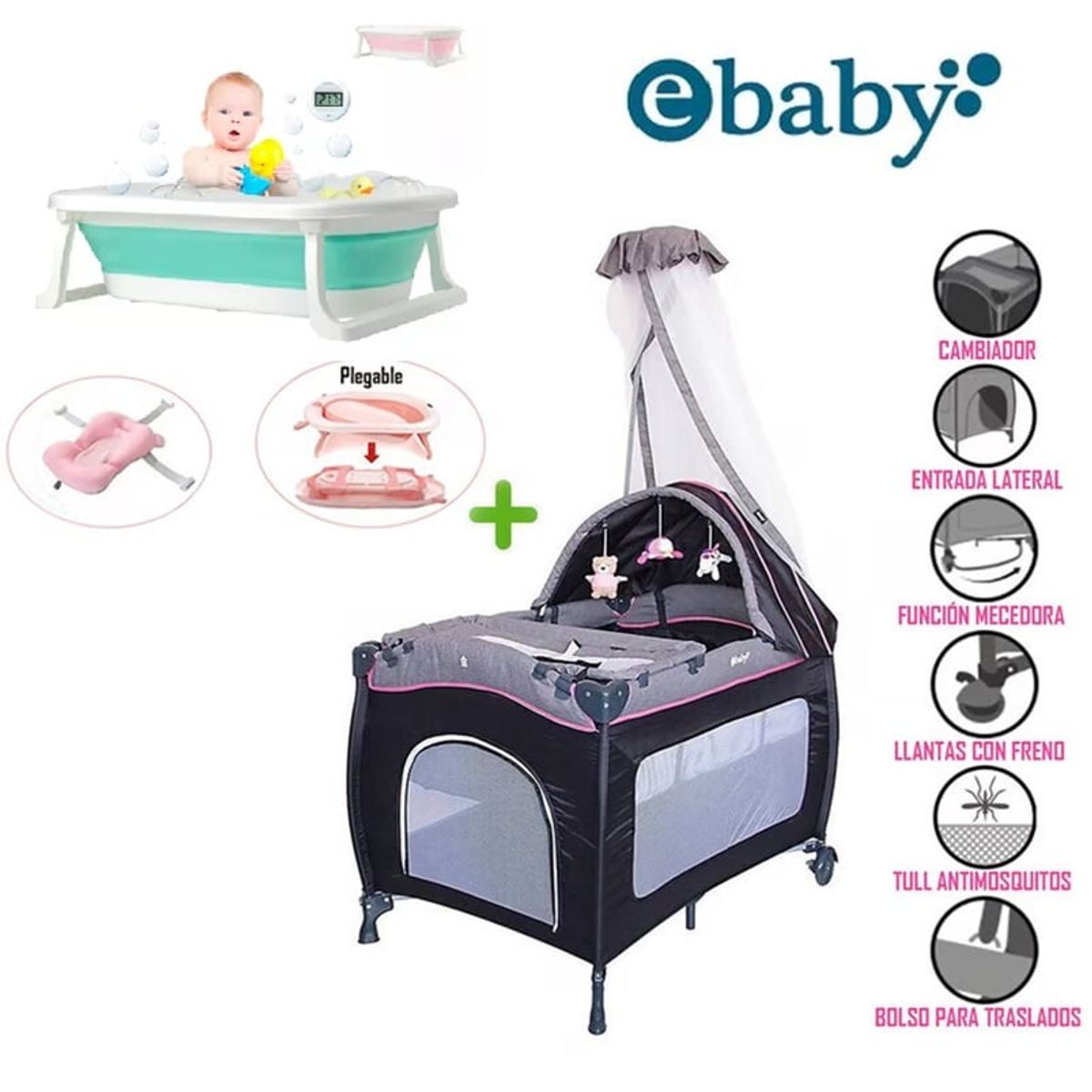 EBABY - Cuna Corral Sally 716 Rosado + Tina Plegable +Cojin