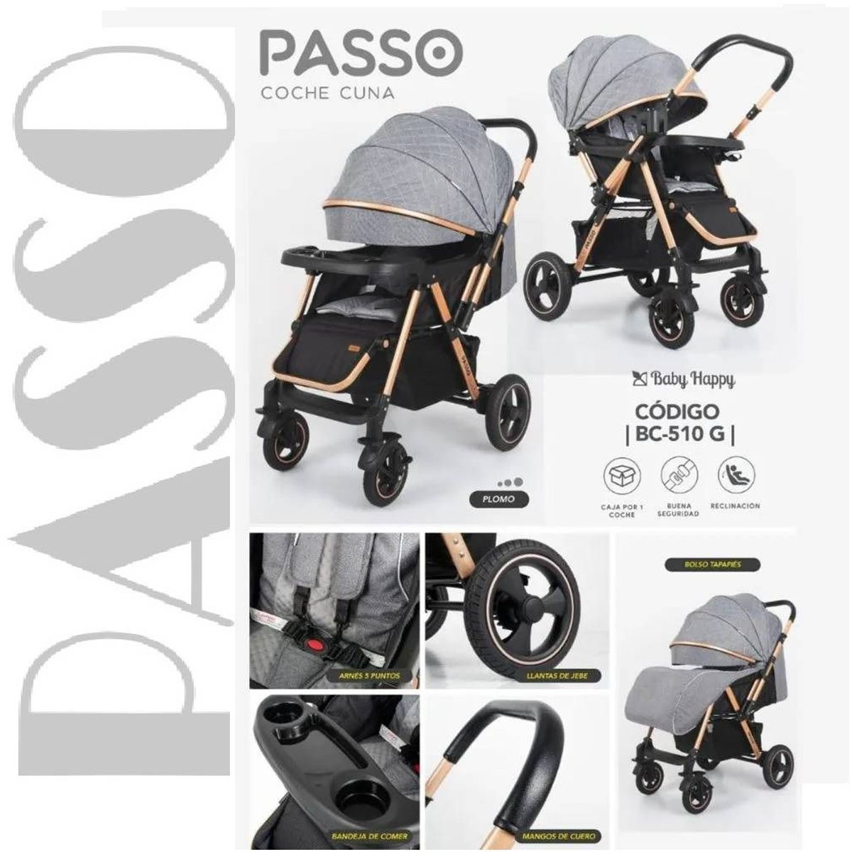 BABY HAPPY - Coche cuna de PASS0 con Mango Reversible y Mesa Gris