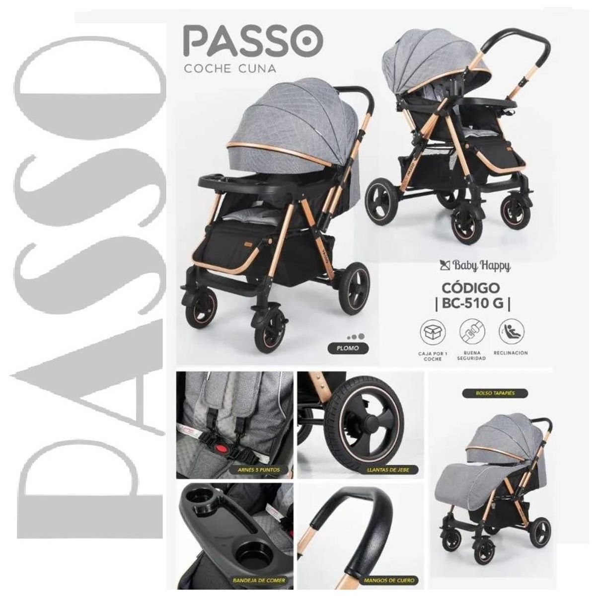 BABY HAPPY - Coche cuna de PASS0 con Mango Reversible y Mesa Gris