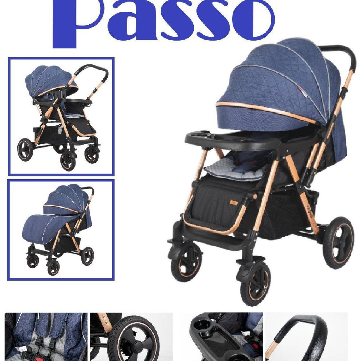 BABY HAPPY - Coche cuna de PASS0 con Mango Reversible y Mesa Azul