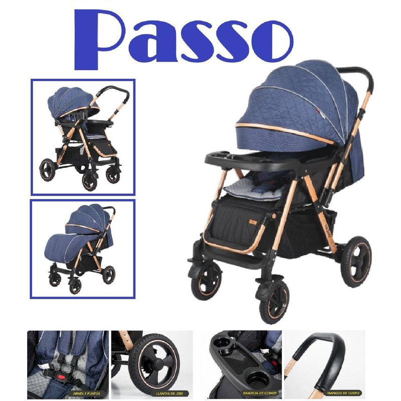 BABY HAPPY - Coche cuna de PASS0 con Mango Reversible y Mesa Azul