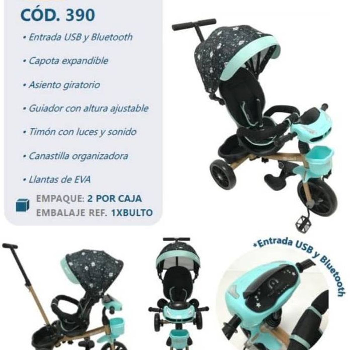 EBABY - Triciclo para Niños USB y Bluetooth Ebaby EB390 Rosado
