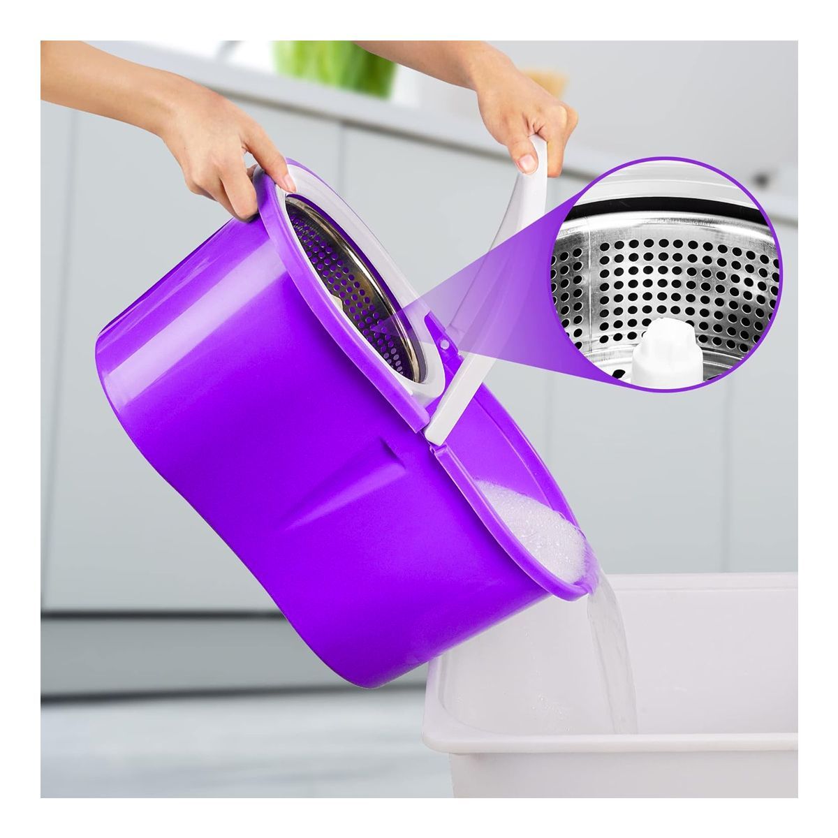 GRETAIL - Trapeador Escurridor Giratorio Con 2 Mopas Acero Morado