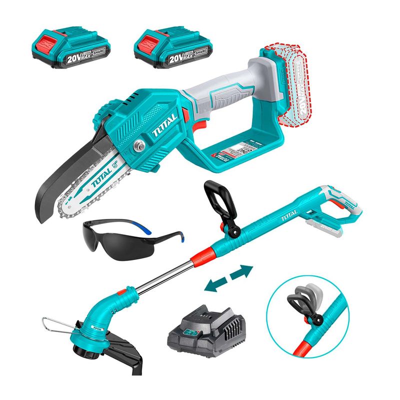 TOTAL TOOLS - MOTOSIERRA INALÁMBRICA 20V Y DESMALEZADORA MÁS 2 BATERÍAS - COMBO