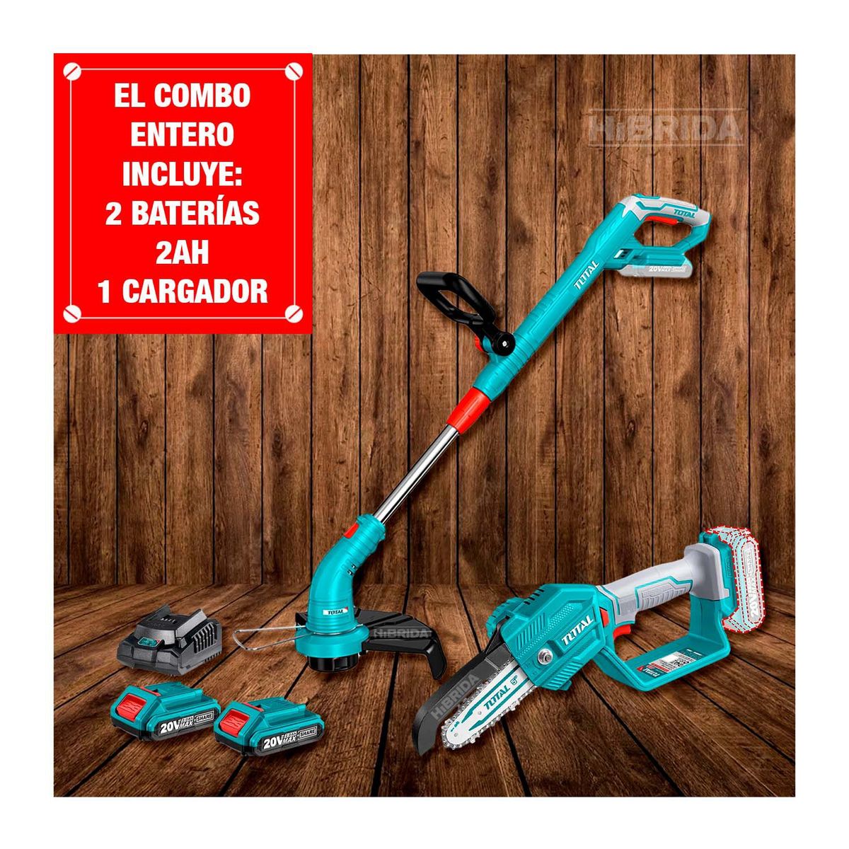 TOTAL TOOLS - MOTOSIERRA INALÁMBRICA 20V Y DESMALEZADORA MÁS 2 BATERÍAS - COMBO