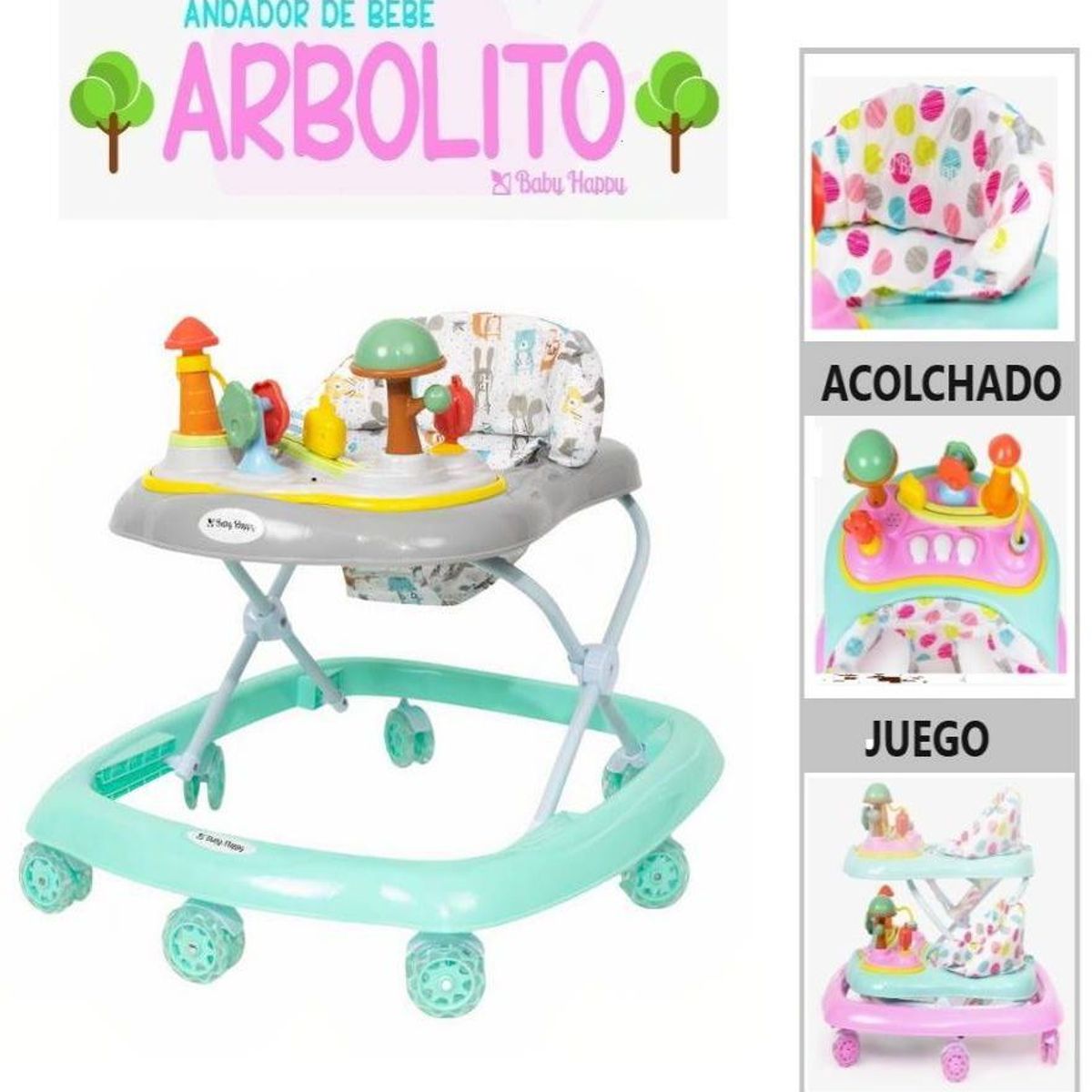 BABY HAPPY - Andador Musical Acolchado Interactivo Arbolito Verde Agua