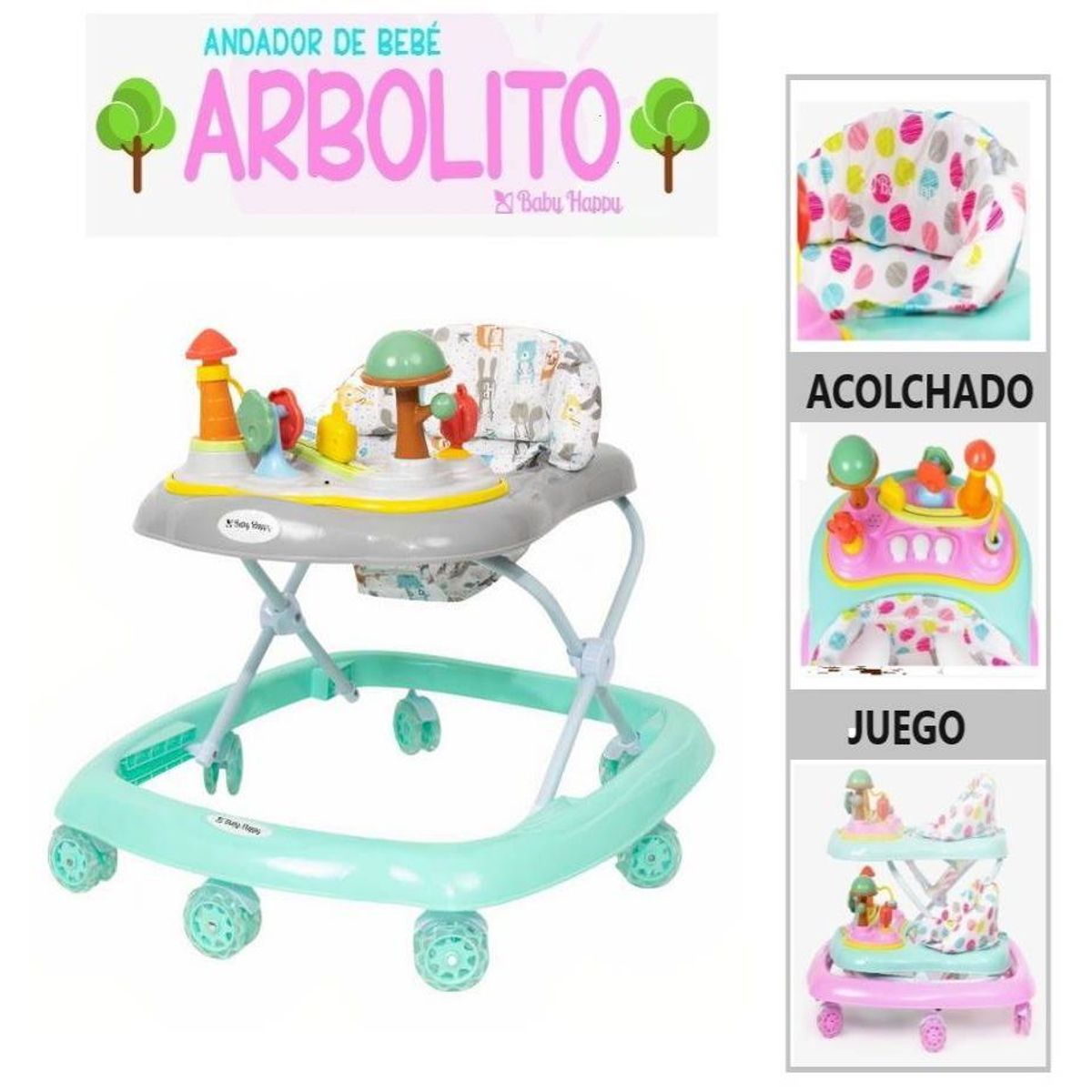 BABY HAPPY - Andador Musical Acolchado Interactivo Arbolito Verde Agua