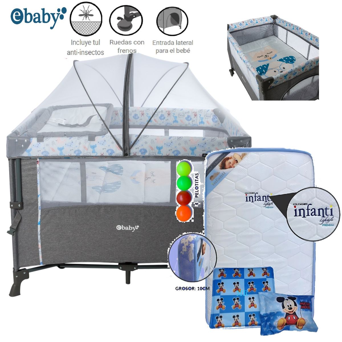EBABY - Cuna corral NALA Azul y Colchón celeste