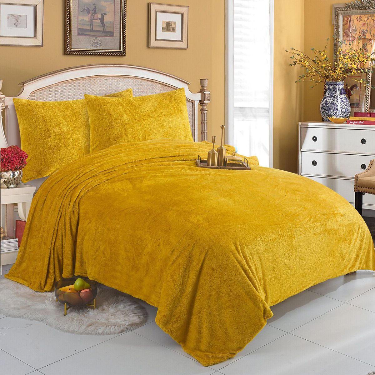GENERICO - CUBRECAMA DOS PLAZAS Y MEDIA QUEEN DE PELUCHE PELO CORTO MOSTAZA