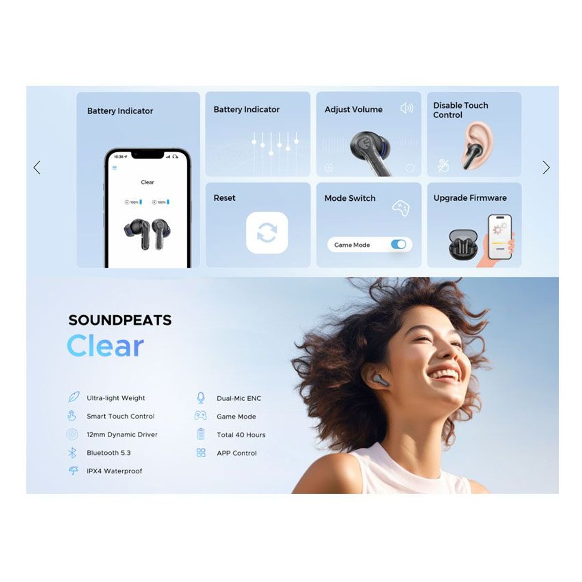 SOUNDPEATS - Audifonos SoundPEATS Clear Microfono Dual con ENC Modo Juego IPX4