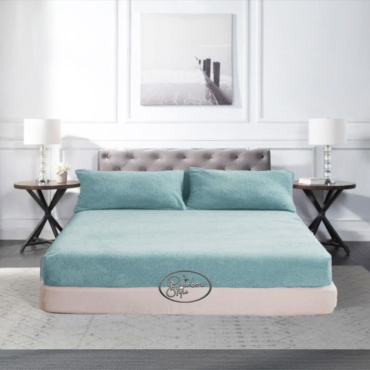 GENERICO - CUBRECAMA DOS PLAZAS Y MEDIA QUEEN DE PELUCHE PELO CORTO VERDE CEMENTO