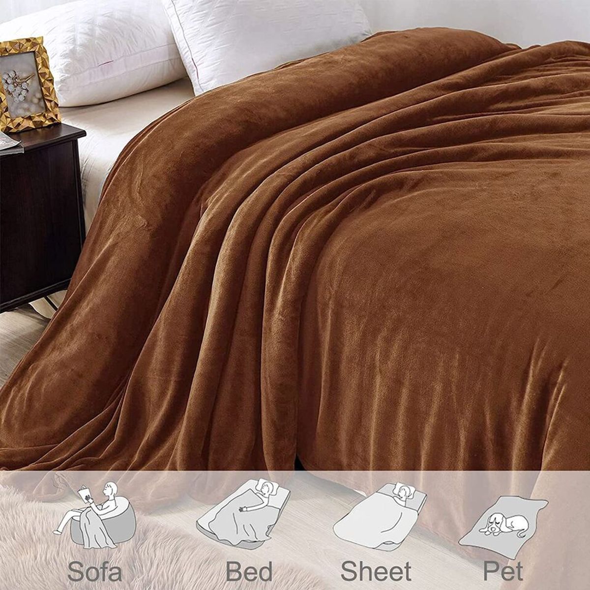GENERICO - CUBRECAMA DOS PLAZAS Y MEDIA QUEEN DE PELUCHE PELO CORTO CAMELLO