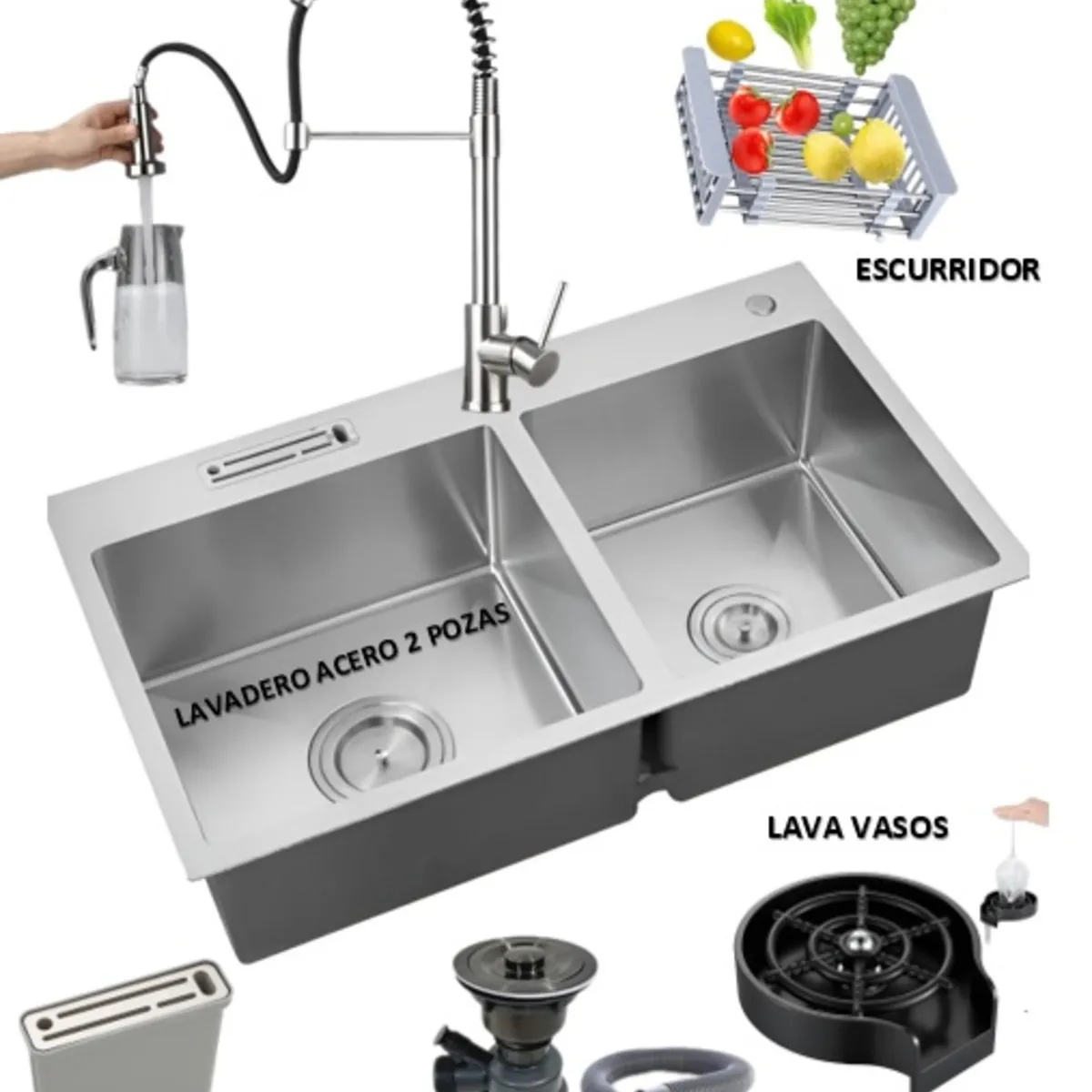 GENERICO - COMBO LAVADERO DE COCINA  2 POZAS + MEZCLADORA EXTRAIBLE RESORTE