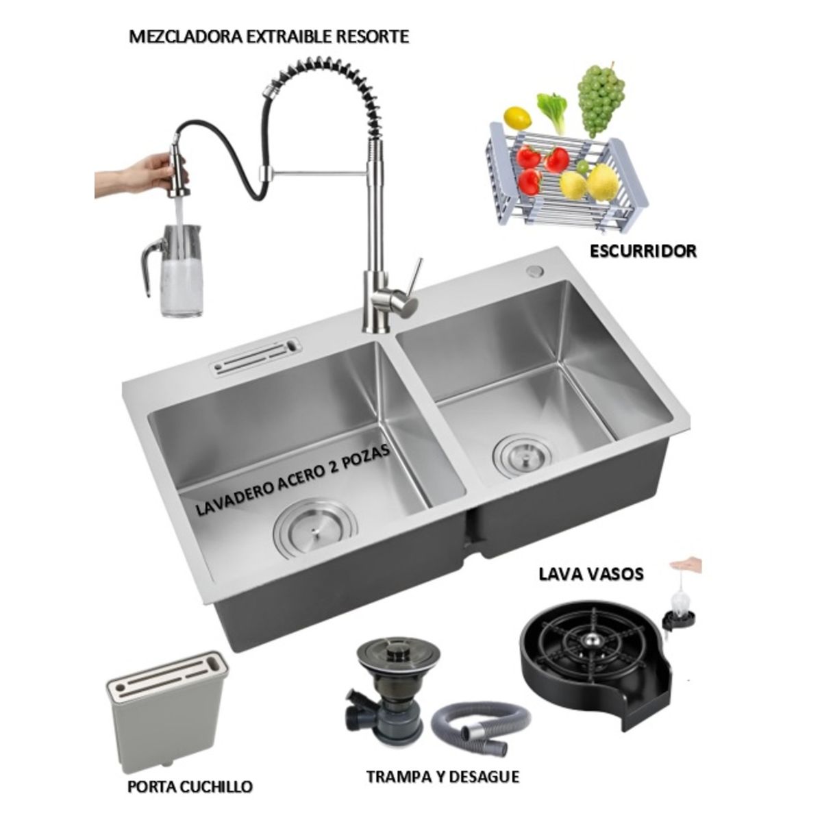 GENERICO - COMBO LAVADERO DE COCINA  2 POZAS + MEZCLADORA EXTRAIBLE RESORTE