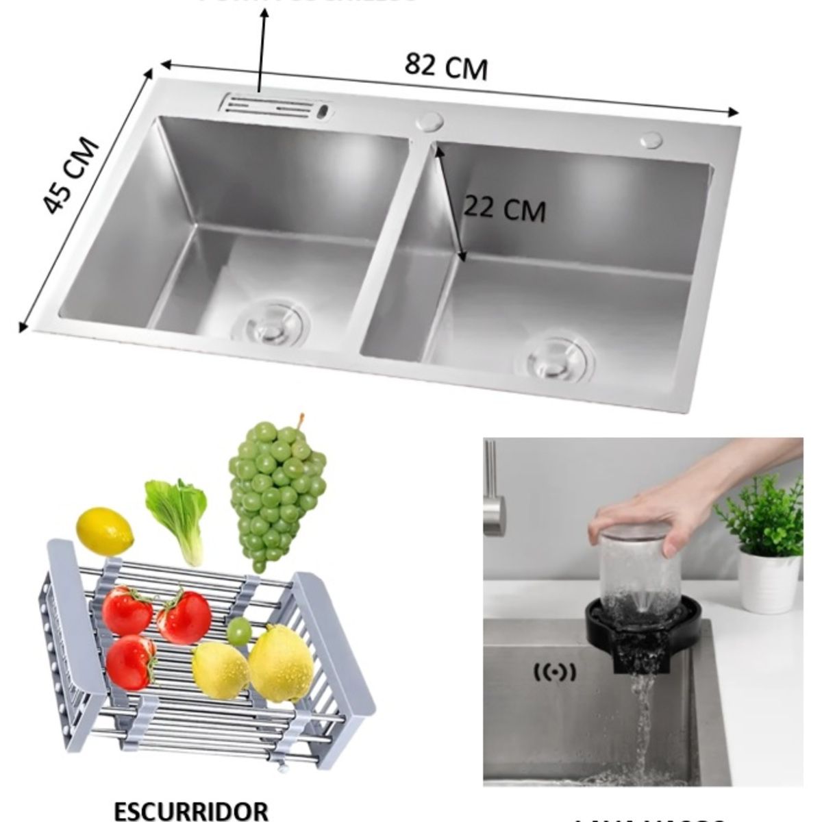 GENERICO - COMBO LAVADERO DE COCINA  2 POZAS + MEZCLADORA EXTRAIBLE RESORTE