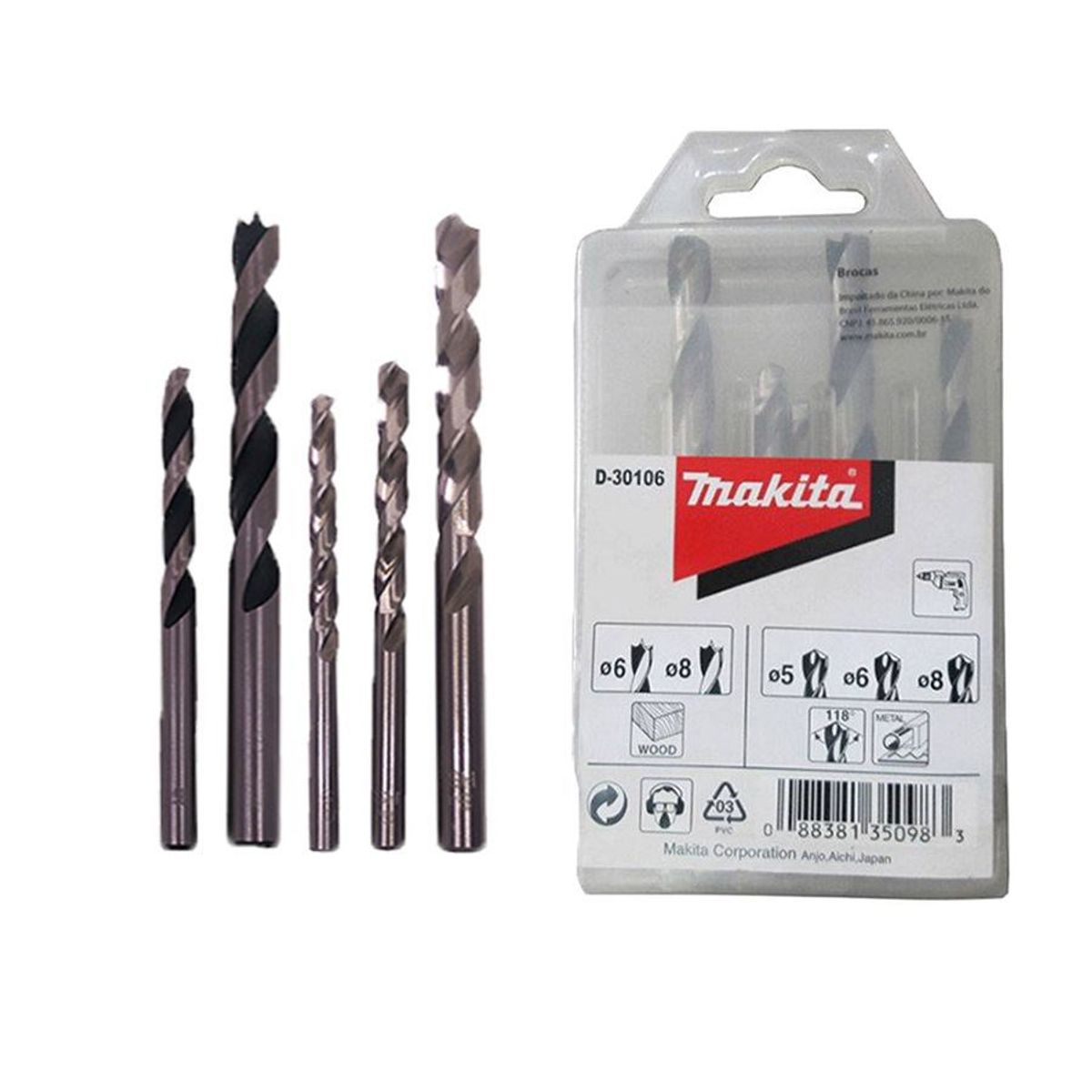 MAKITA - Set 5 Brocas : 2 Madera Y 3 Metal Makita D-30106  -  Gris