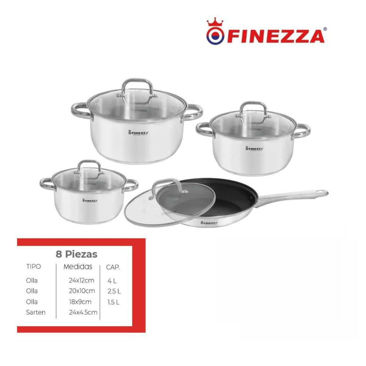 FINEZZA - JUEGO DE OLLAS ACERO INOXIDABLE 8 Pzas FINEZZA