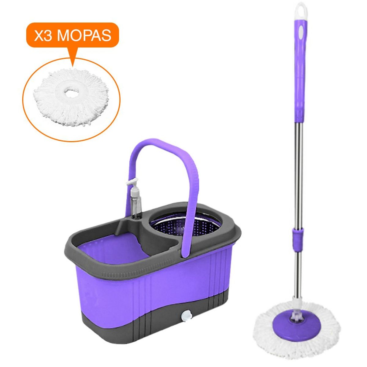KELLER - Balde Escurridor Trapeador 3 Mopas + Dispensador Morado