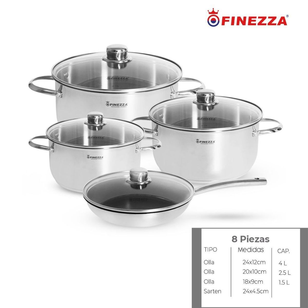 FINEZZA - JUEGO DE OLLAS ACERO INOXIDABLE 8 Pzas FINEZZA
