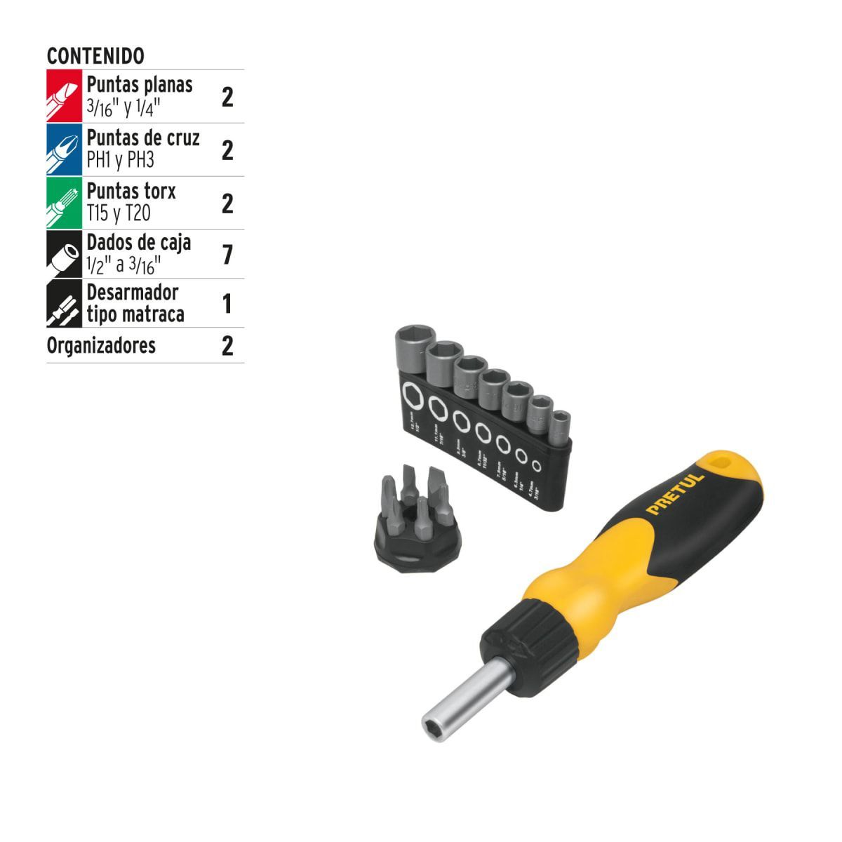 PRETUL - Desarmador tipo RATCHET con 7 Dados y 6 Puntas 22974