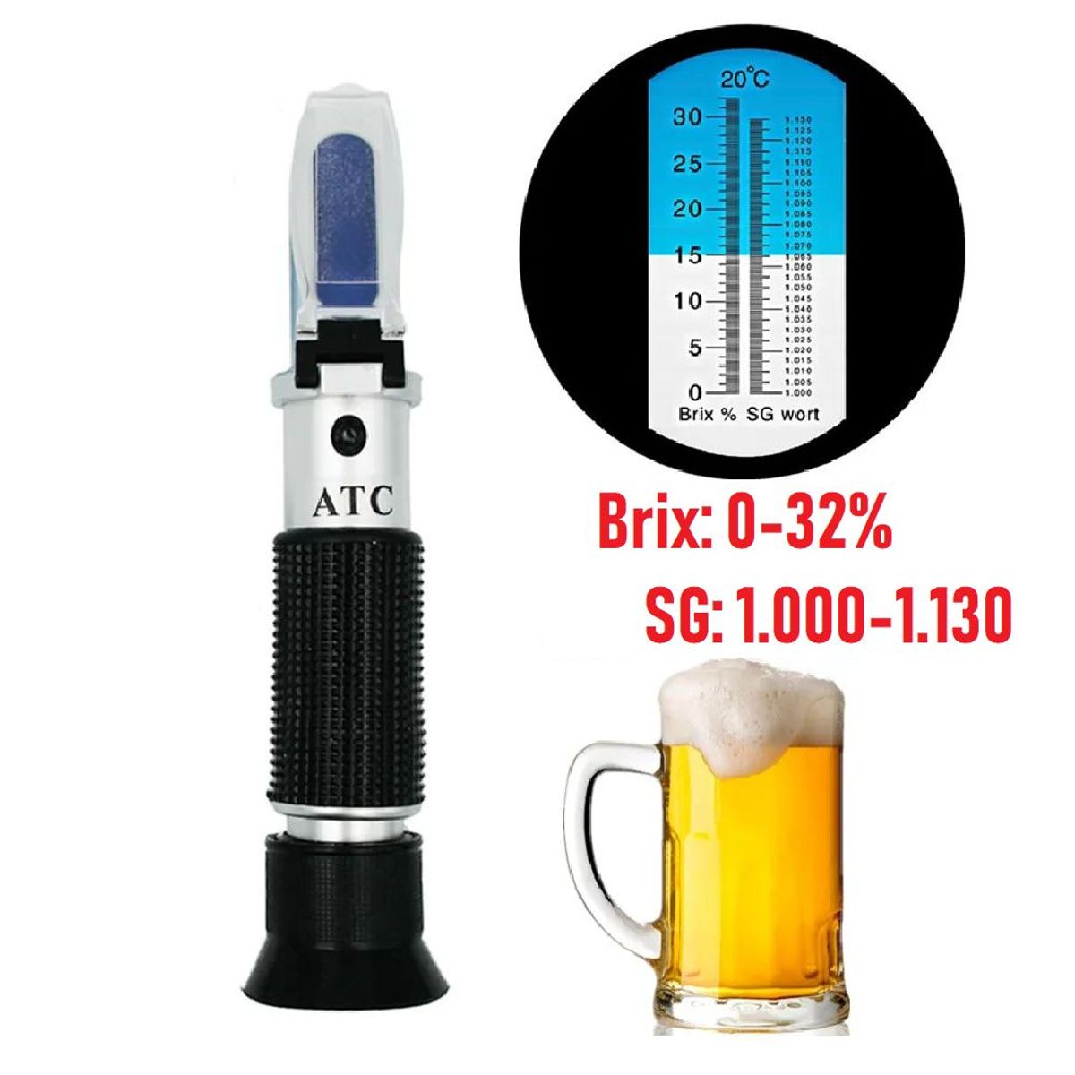 OEM - Refractómetro ATC 0-32 Brix 100-113 SG Mosto Cerveza Vino