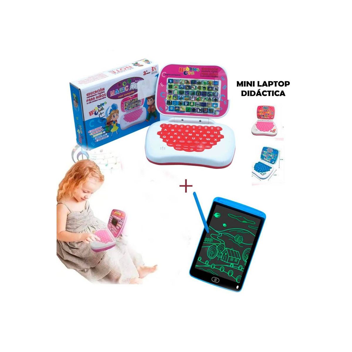 GENERICO - Pack 1 Minilaptop para Niños Color Rosado y 1 Tableta Led