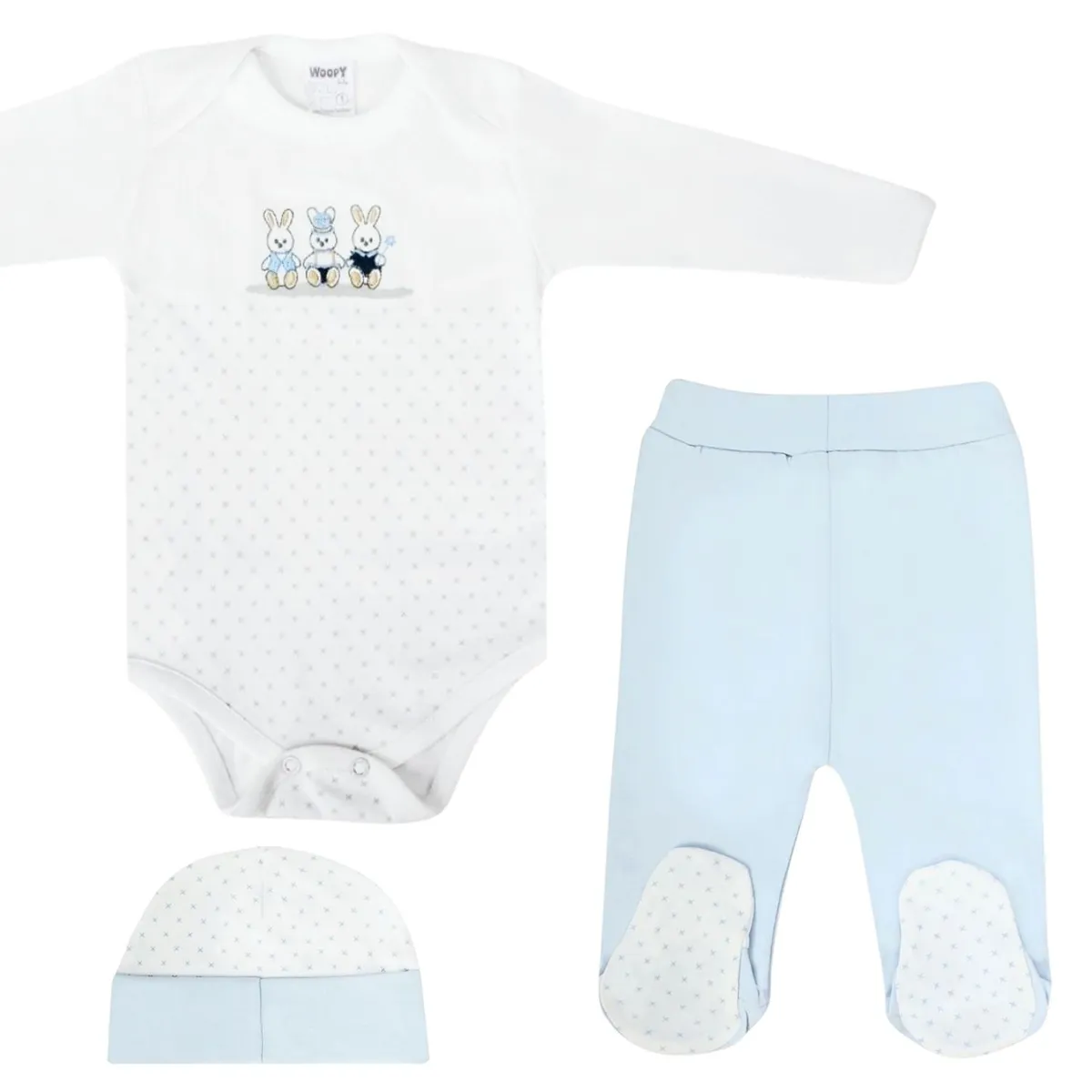 GENERICO - Ajuar Bebé 3 piezas Algodon - Conejos - Blanco / Celeste