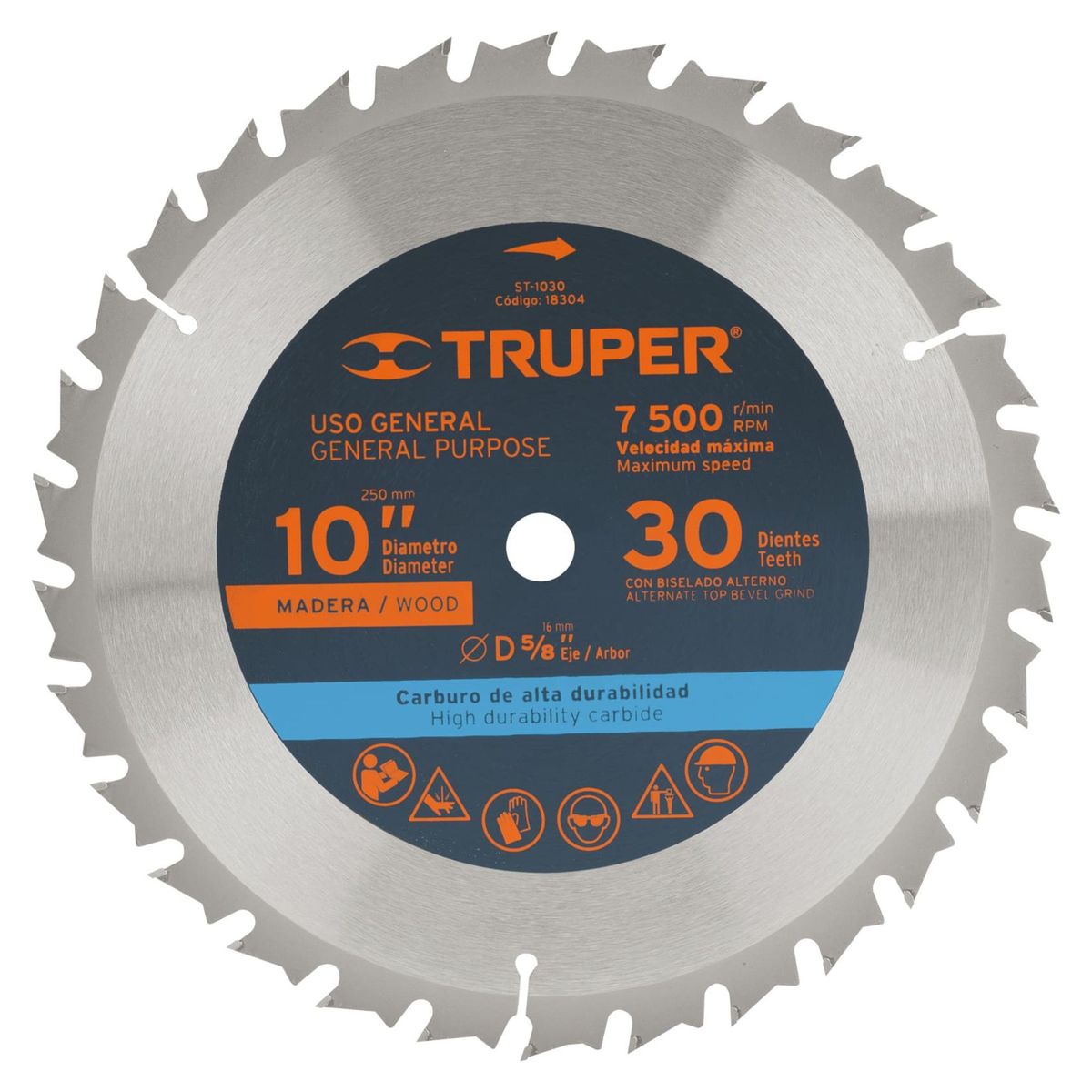TRUPER - Disco sierra 10" para madera, 30 dientes centro 5/8", Truper
