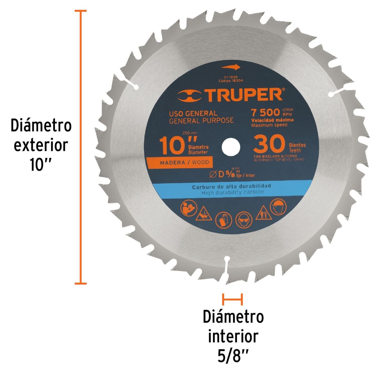TRUPER - Disco sierra 10" para madera, 30 dientes centro 5/8", Truper