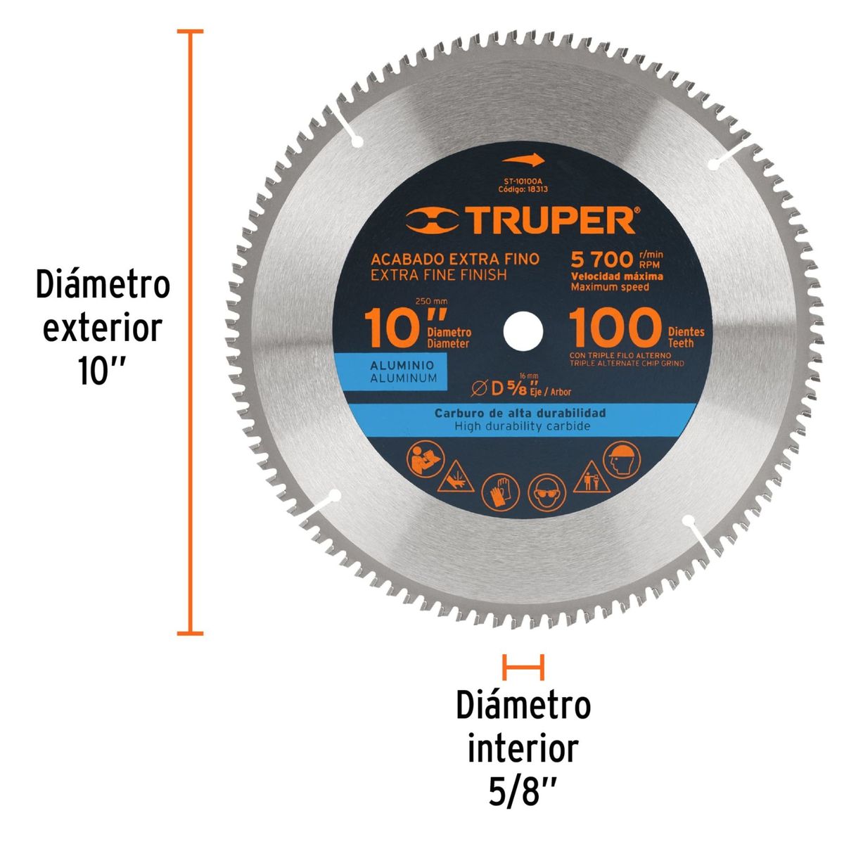 TRUPER - Disco sierra 10" para aluminio, 100 dientes centro 5/8"