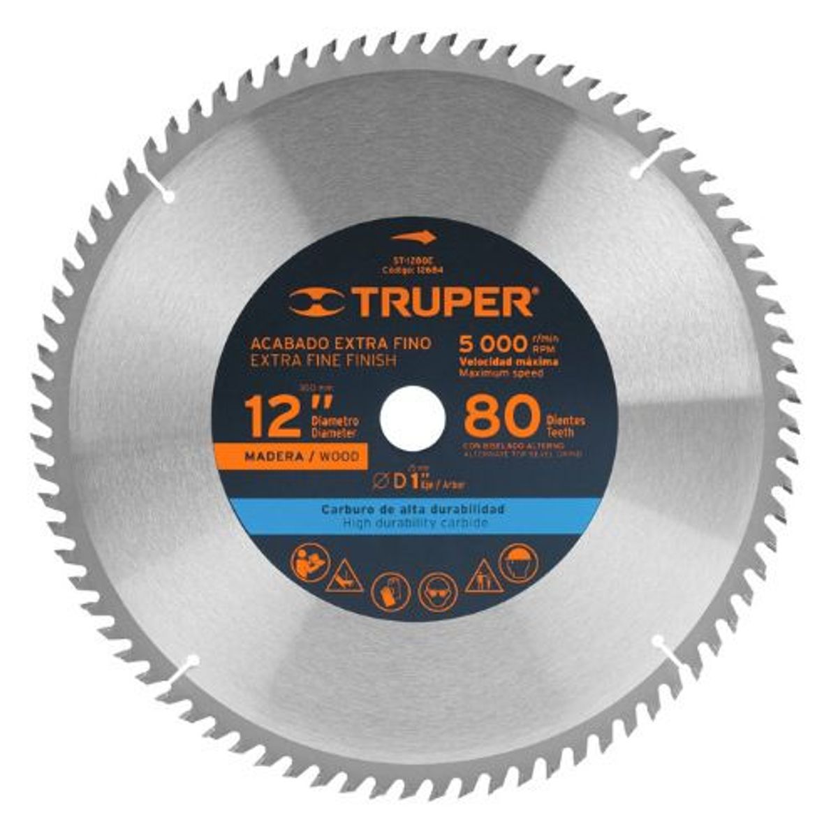 TRUPER - Disco sierra 12" para madera, 80 dientes centro 1", Truper
