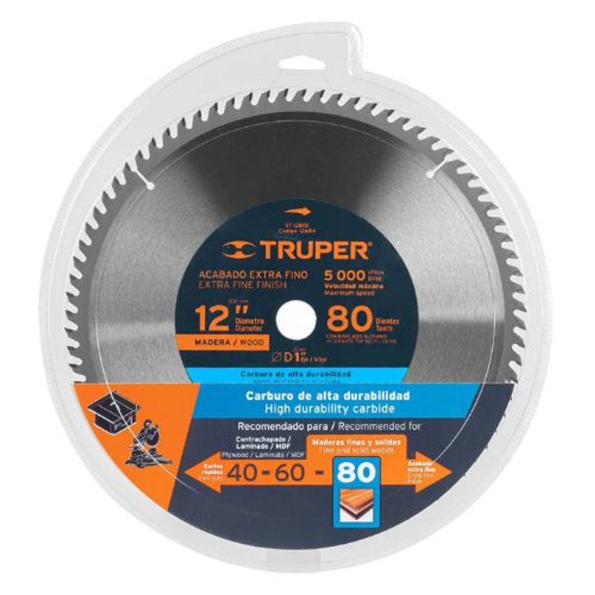 TRUPER - Disco sierra 12" para madera, 80 dientes centro 1", Truper