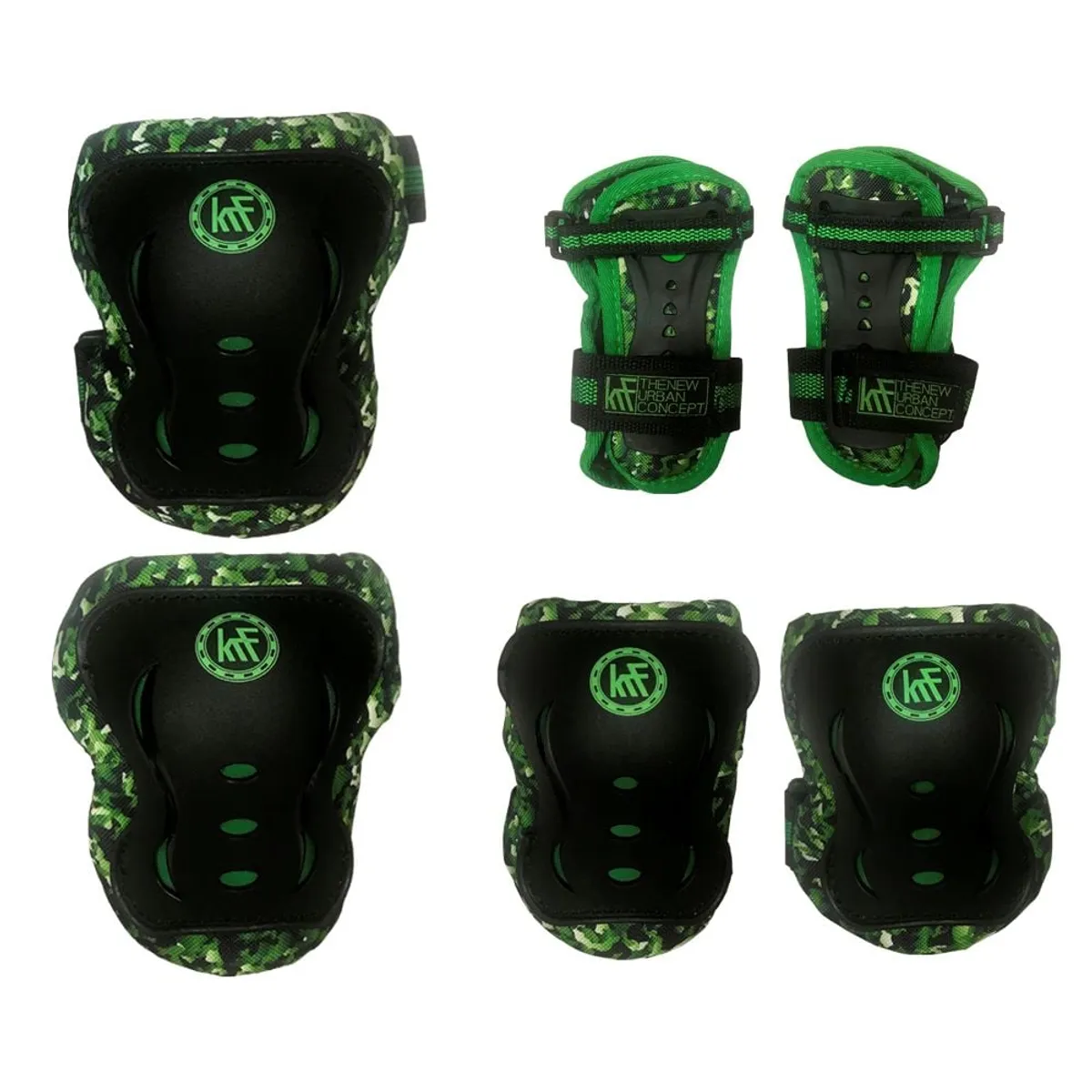 KRF - SET DE PROTECTORES PARA PATINES Y BICICLETA CAMUFLAJE VERDE