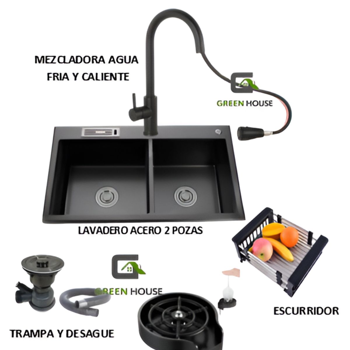GENERICO - COMBO LAVADERO DE COCINA  2 POZAS NEGRO + MEZCLADORA EXTRAIBLE